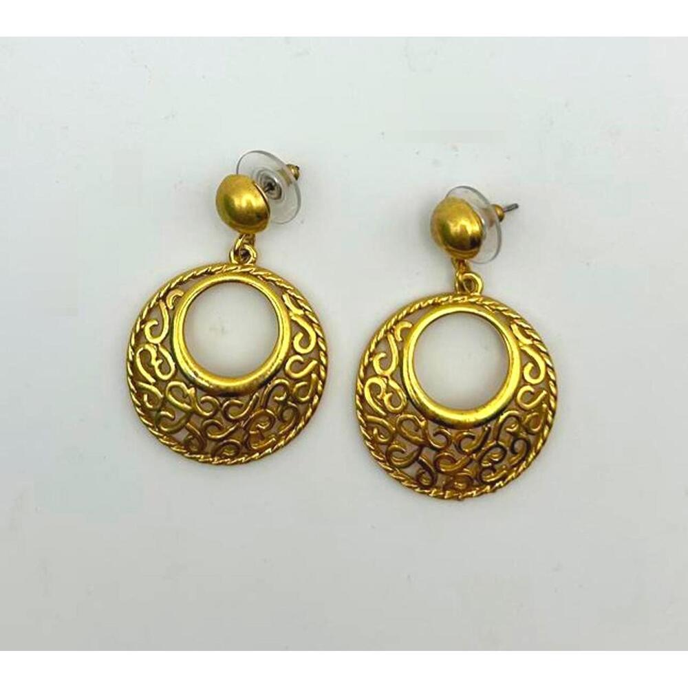 Vintage Gold Tone Earrings, Open Circle Filigree Dangles, Boho Statement Jewelry